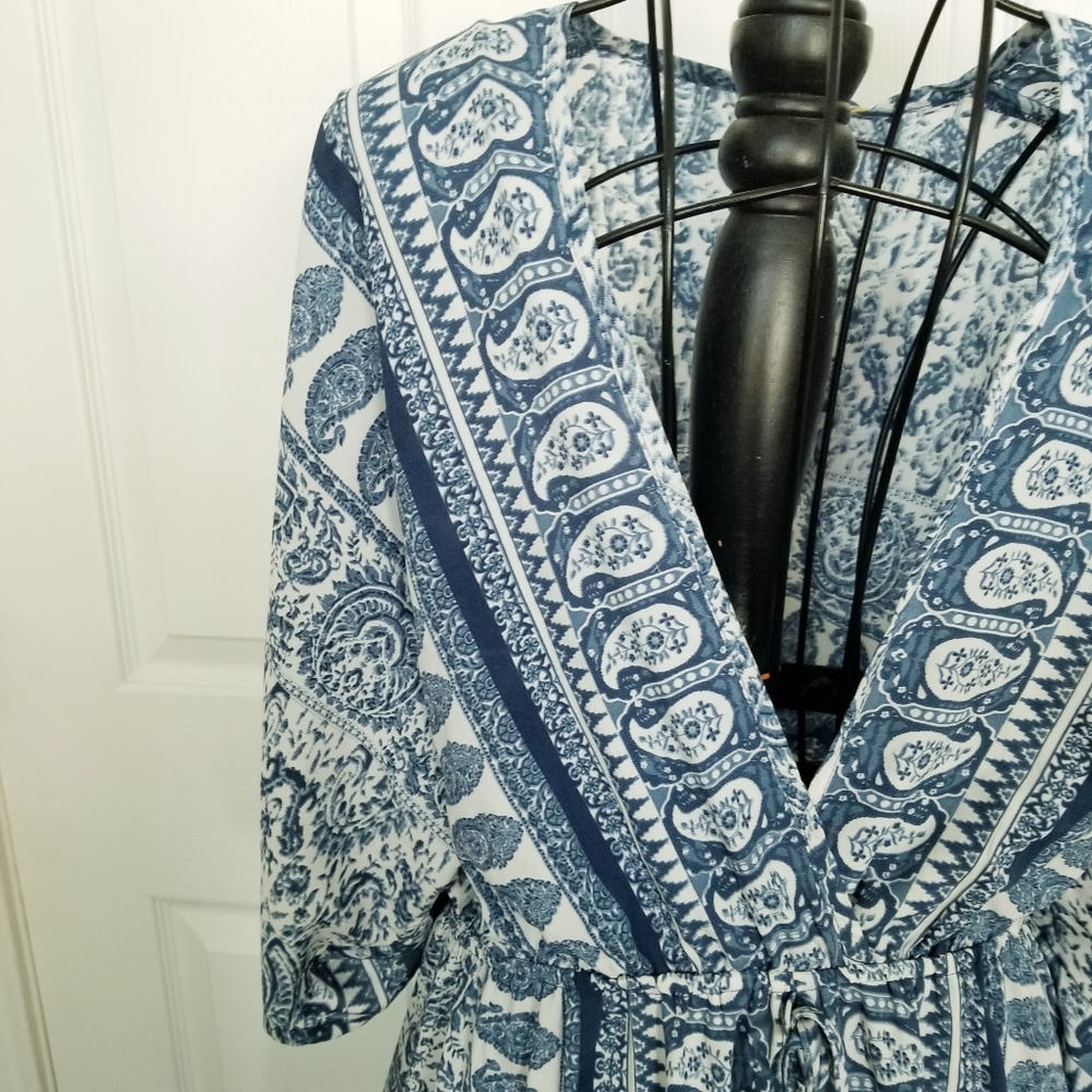 Elan womens boho maxi dress blue white large